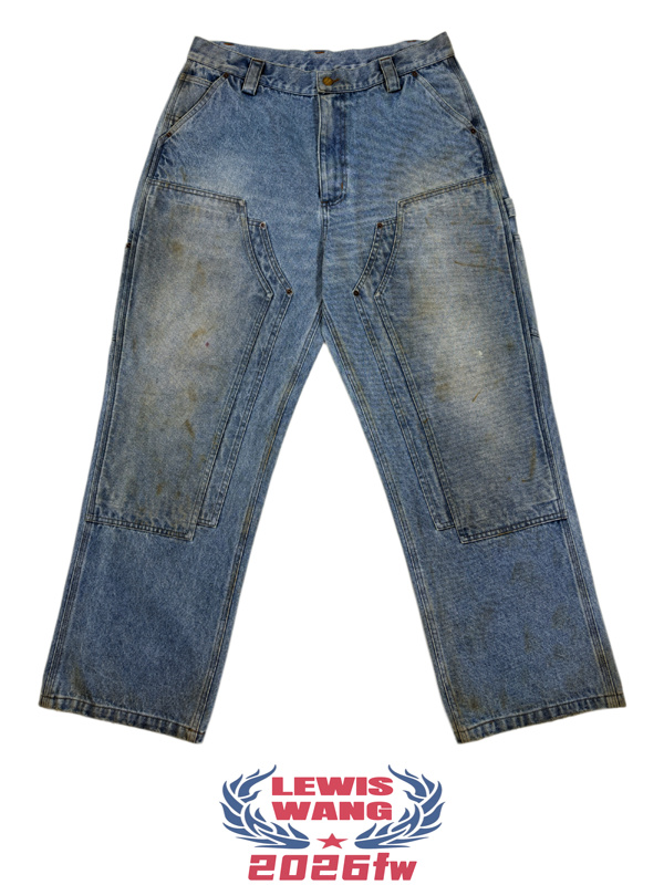 Lewis Wang Washed and Distressed Four-Knee Straight-Leg Lumberjack Work Jeans Lewis Wang Washed and Distressed Four-Knee Straight-Leg Lumberjack Work Jeans