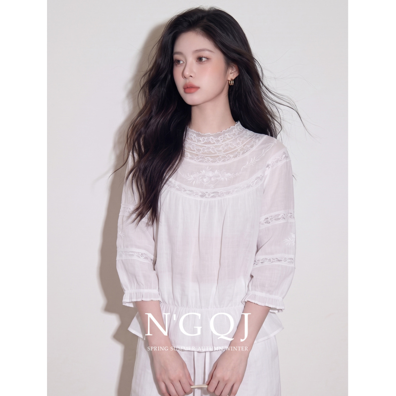High-End Women's Top 2026 New Design, Super Fairy-Like White Lace Ruffle Hem Three-Quarter Sleeve Sun Protection Shirt High-End Women's Top 2026 New Design, Super Fairy-Like White Lace Ruffle Hem Three-Quarter Sleeve Sun Protection Shirt