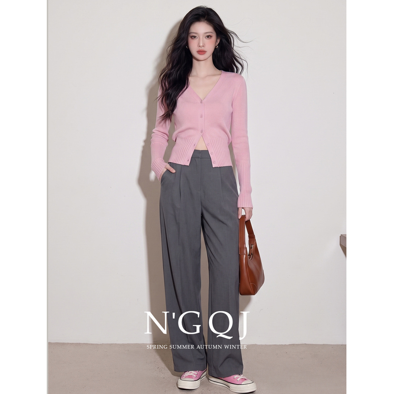 2026 Early Autumn New Korean Style Workwear Casual Daily Wear Simple Casual Pink Knit Sweater Straight-Leg Pants Two-Piece Set