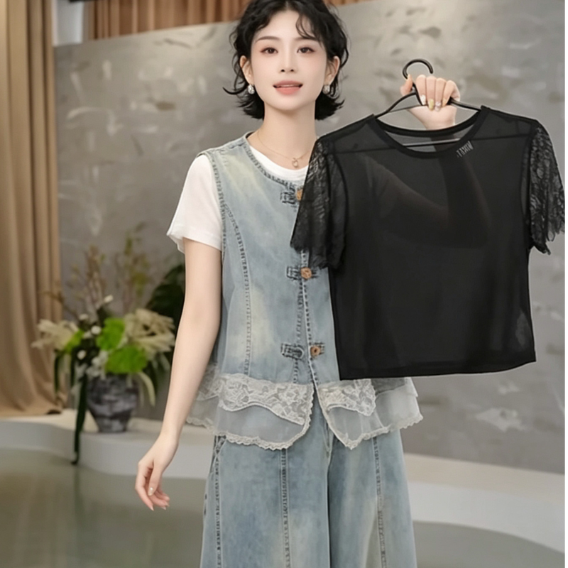 Summer New Chinese-Style Lace Mesh Short-Sleeve Women's Short Round-Neck Layered Versatile Base Shirt Top, Stylish and Fashionable