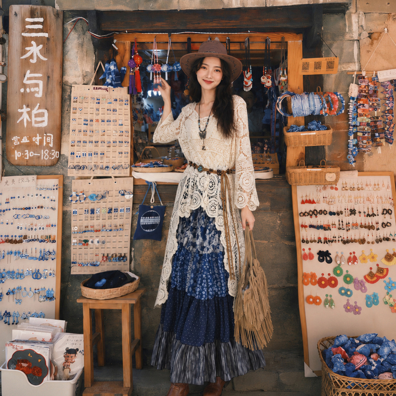 Sichuan and Yunnan Travel Outfit: Bohemian Crochet Blouse, Ethnic Style Printed Skirt, Two-Piece Dress Set