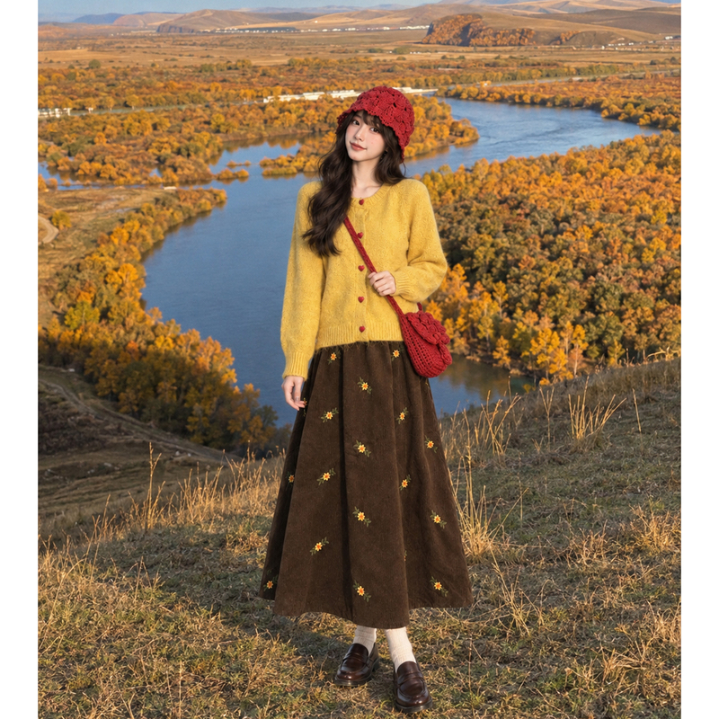 Autumn Outfit Set with a High-End Feel for Petite Women, Yellow Knit Sweater Embroidered Dress Set for Travel