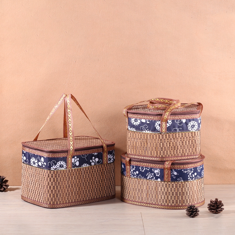 Empty Box Carbonized Blue Floral Fabric Folding Bamboo Basket Hexagonal Square Oval-Shaped Dragon Boat Festival Zongzi Crab Gift Box Handmade Weaving