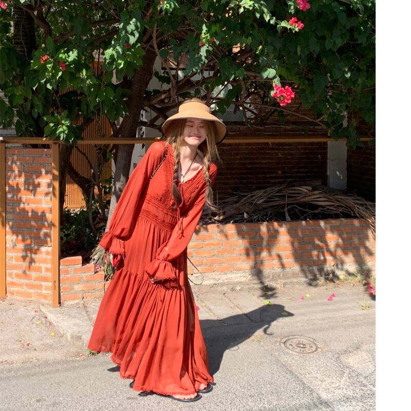 Plus Size Fat Girl French Retro Red Lace V-Neck Dress Women's Spring New Style Waist-Cinching Age-Reducing Long Skirt