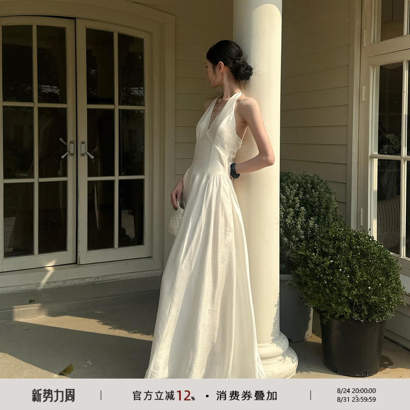 202Ventus French-Style Apricot White Dress V-Neck Halter Dress Women's Seaside Vacation Elegant Spaghetti Strap Long Dress 202Ventus French-Style Apricot White Dress V-Neck Halter Dress Women's Seaside Vacation Elegant Spaghetti Strap Long Dress