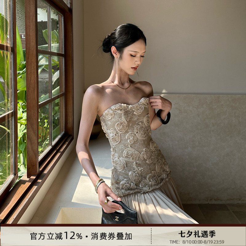 202Ventus Milk Tea Color Strapless Vacation Dress Birthday Coming-Of-Age Ceremony Graduation Dress Bodycon Elegant Long Dress