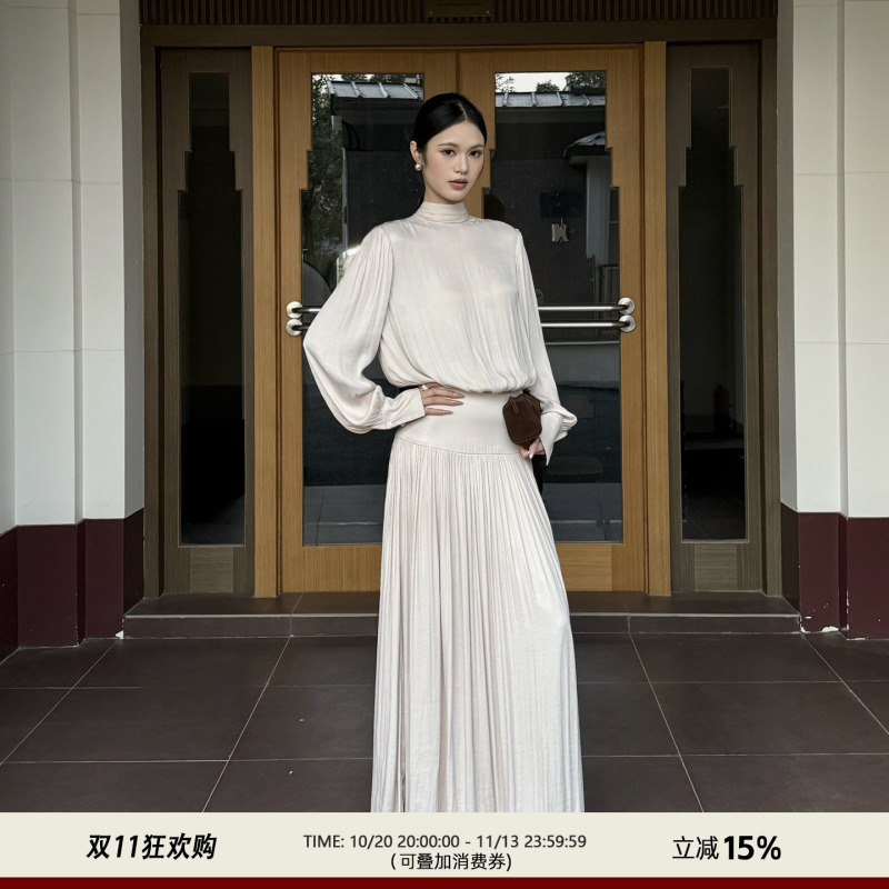 202Ventus French Elegant Champagne-Colored Satin Long-Sleeved Dress, Banquet Light Formal Dress, Long Dress Suitable for Everyday Wear 202Ventus French Elegant Champagne-Colored Satin Long-Sleeved Dress, Banquet Light Formal Dress, Long Dress Suitable for Everyday Wear