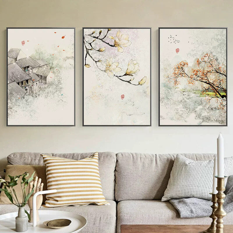 风花雪月中国风客厅装饰画现代简约民俗书房挂画文艺水彩卧室壁画