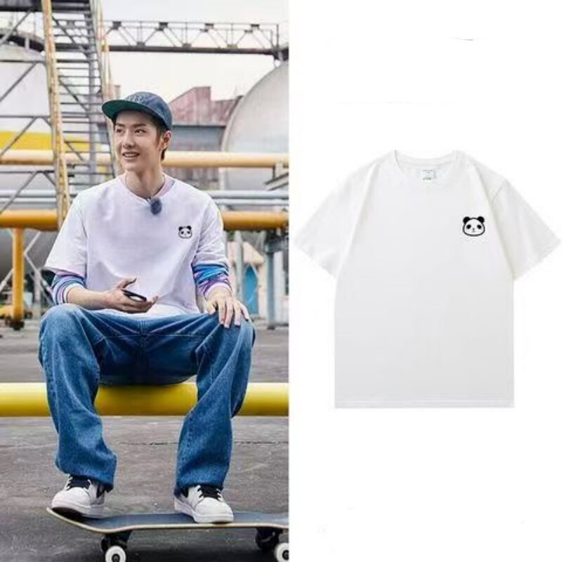Wang Yibo Clothing Panda T-Shirt Bf Lazy Style Simple White Pure Cotton 100% Cotton Loose Ins Trendy Super Popular Short Sleeve