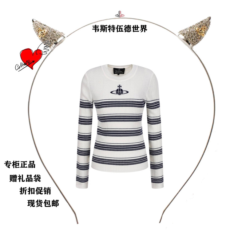 【Tokyo Authentic Western Queen Mother】26Th Spring Collection Pure Wool Fabric Striped Saturn Embroidery Knitted Sweater for Women