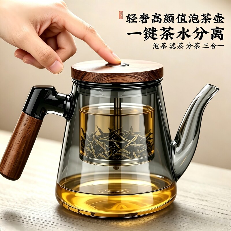 Elegant Tea Brewing Pot with High-End One-Touch Filtration, Tea-Water Separation, Press-Type, 2026 New Model, Glass Inner Tank, Large Capacity
