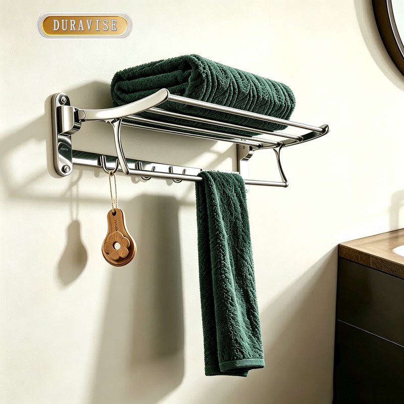 Duravise Bathroom Stainless Steel Towel Rack, No-Drill Folding Towel Bar, Towel Storage Shelf
