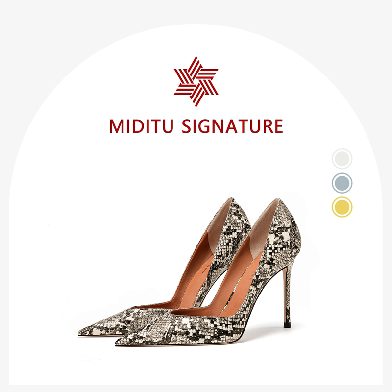 Midi Tu 2026 New Small Size Spring and Autumn Women's Pointed Toe Shallow High Heels with Thin Heels and Snake Print, Comfortable and Not Tiring on the Feet