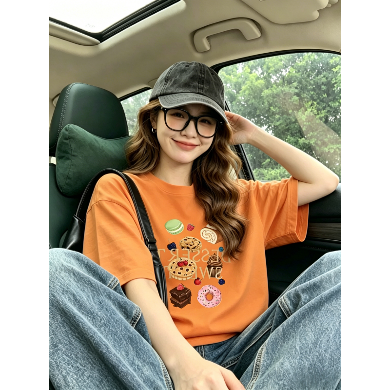 Korean Uamtor Orange Printed Short-Sleeved T-Shirt for Women, Summer Style, American Retro Design, Large Style Top Korean Uamtor Orange Printed Short-Sleeved T-Shirt for Women, Summer Style, American Retro Design, Large Style Top