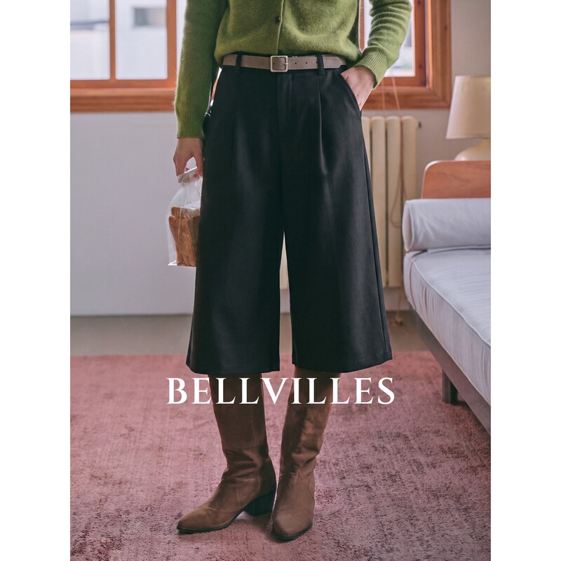 Bellvilles/Bella Villa French Retro Black High-Waisted Cropped Commuter Pants for Women, Autumn Loose Straight-Leg Pants