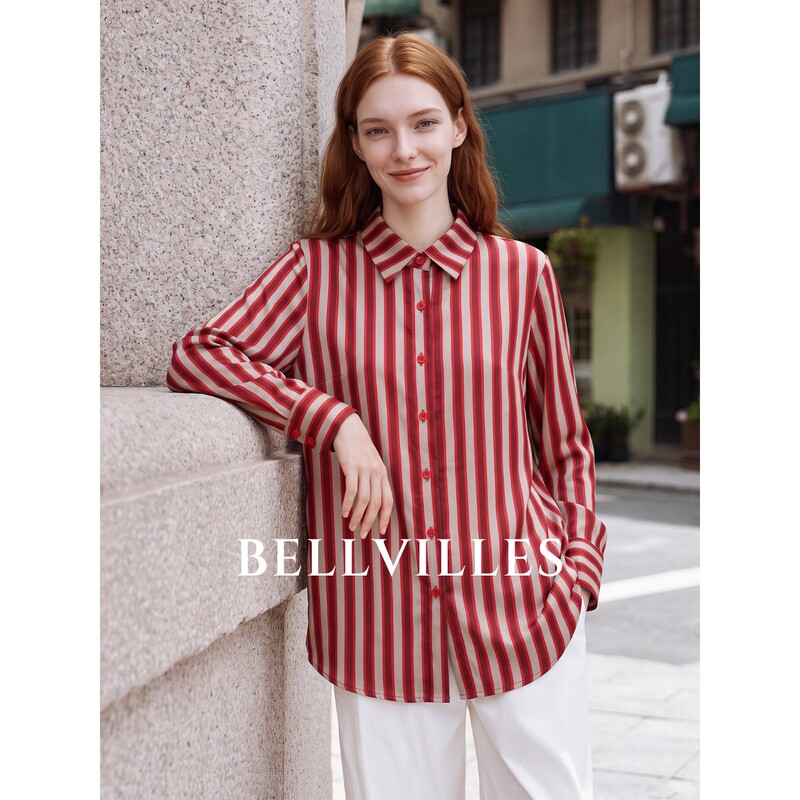 Bellvilles/Bellavilla French Retro Red and White Vertical Striped Shirt Women's Loose Long-Sleeved Top with Lapel Collar Bellvilles/Bellavilla French Retro Red and White Vertical Striped Shirt Women's Loose Long-Sleeved Top with Lapel Collar