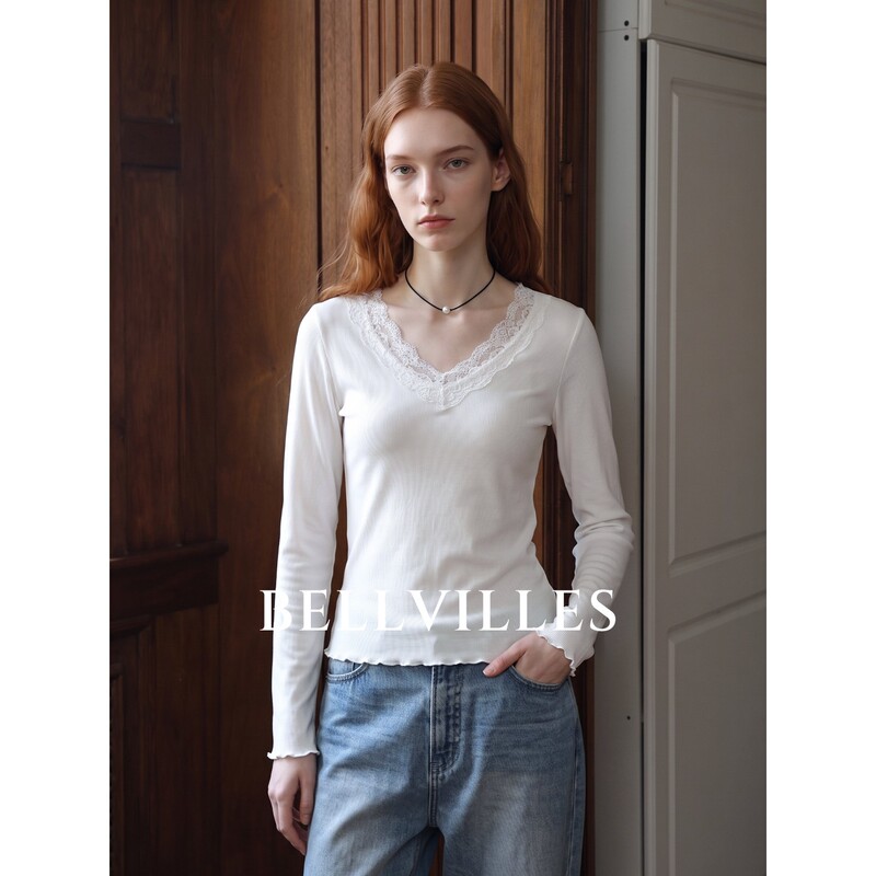 Bellvilles/Bella Villa French Elegant White Lace Long-Sleeve T-Shirt for Women, Autumn V-Neck Slim-Fit Base Shirt Bellvilles/Bella Villa French Elegant White Lace Long-Sleeve T-Shirt for Women, Autumn V-Neck Slim-Fit Base Shirt