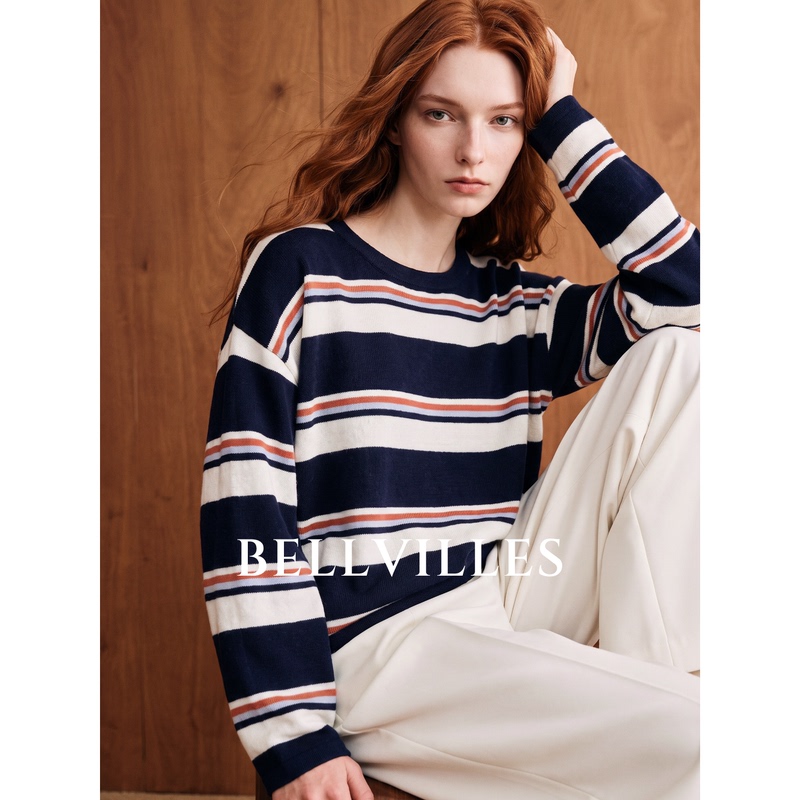 Bellvilles/Bellavilla French-Style Commuter Striped Round-Neck Drop-Shoulder Sleeve T-Shirt for Women, Autumn, with Wool Blend Bellvilles/Bellavilla French-Style Commuter Striped Round-Neck Drop-Shoulder Sleeve T-Shirt for Women, Autumn, with Wool Blend