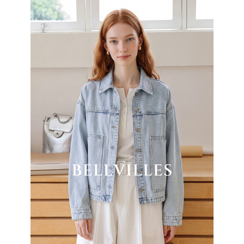 Bellvilles/Bella Villa French Retro Blue Denim Jacket Women's Casual Loose Lapel Jacket