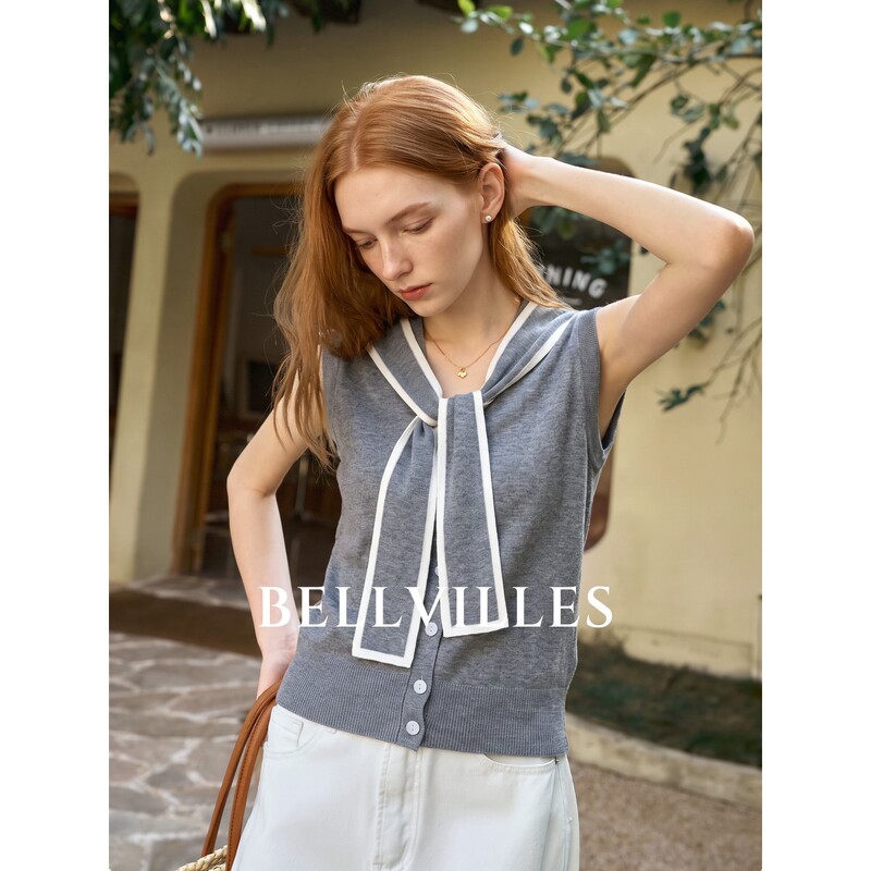 Bellvilles/Bella Villa French-Style Elegant Merino Wool Navy Collar Shawl Knit Sweater Women's Sleeveless Top