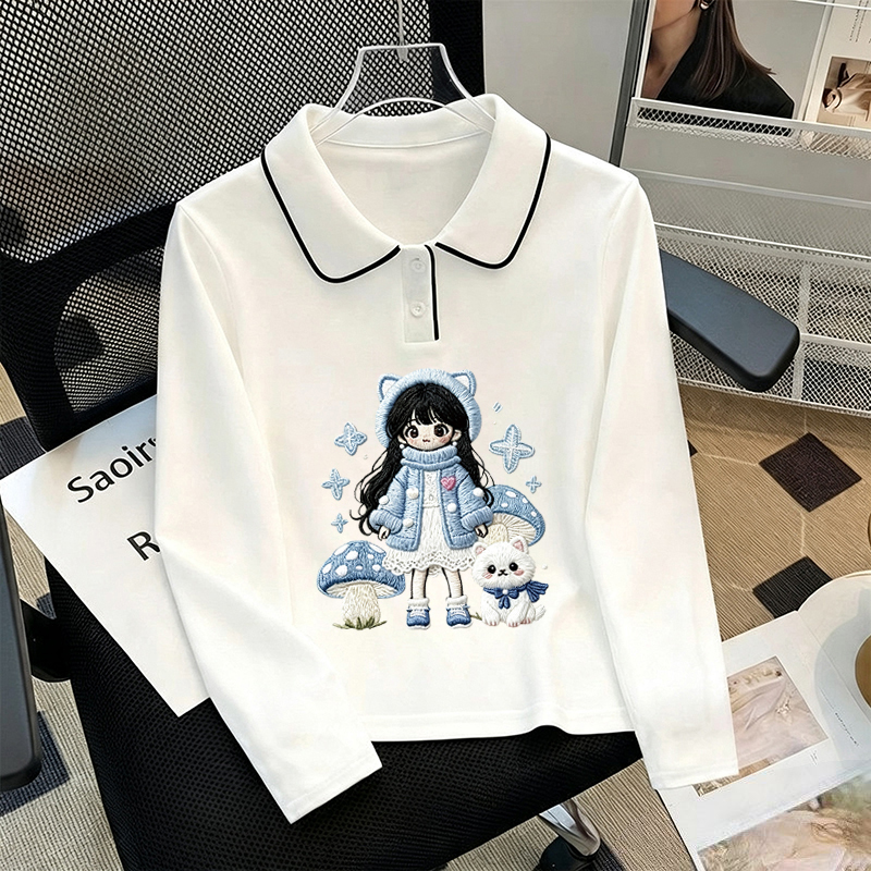 Girls' Stylish Pure Cotton Long-Sleeved Polo Shirt, Spring and Autumn Clothing, Medium and Large Children's Imitation Embroidery Printed Loose Lapel T-Shirt Top