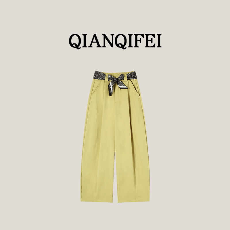 6-11F 【Small Size: Extended S Size】High-Waisted Wide-Leg Casual Pants with Silk Scarf Tie 6428