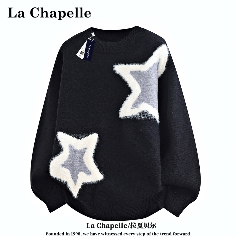 La Chapelle Autumn and Winter American-Style Star Velvet Sweater Men's Round Neck Color-Blocked Pentagram Loose Trendy Knitwear