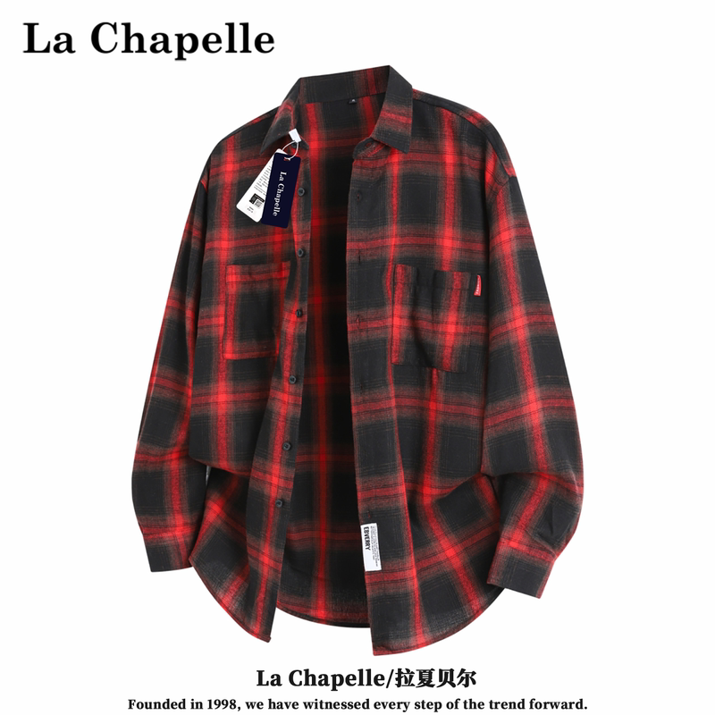 La Chapelle Street Style Color-Blocked Plaid Shirt for Men, Red and Black Checkered Long-Sleeve Cardigan, Loose and Versatile, Trendy Shirt
