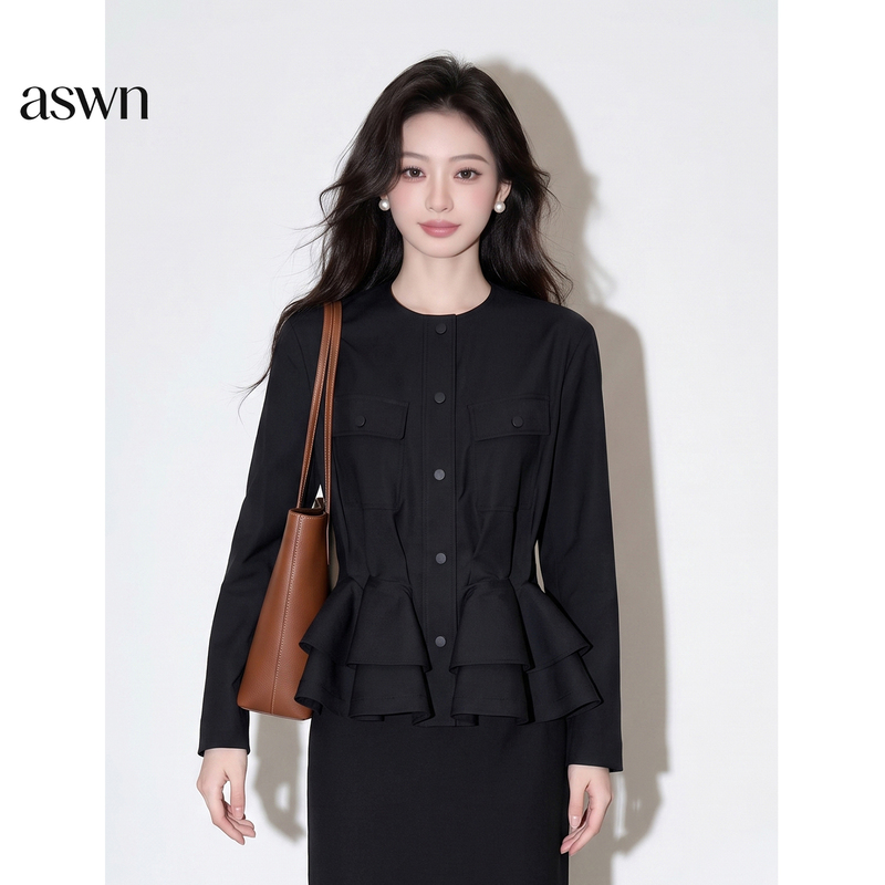 Black Waist-Cinching Ruffled Workwear Short Jacket for Women, Autumn 2026 New French-Style High-End Chic Top