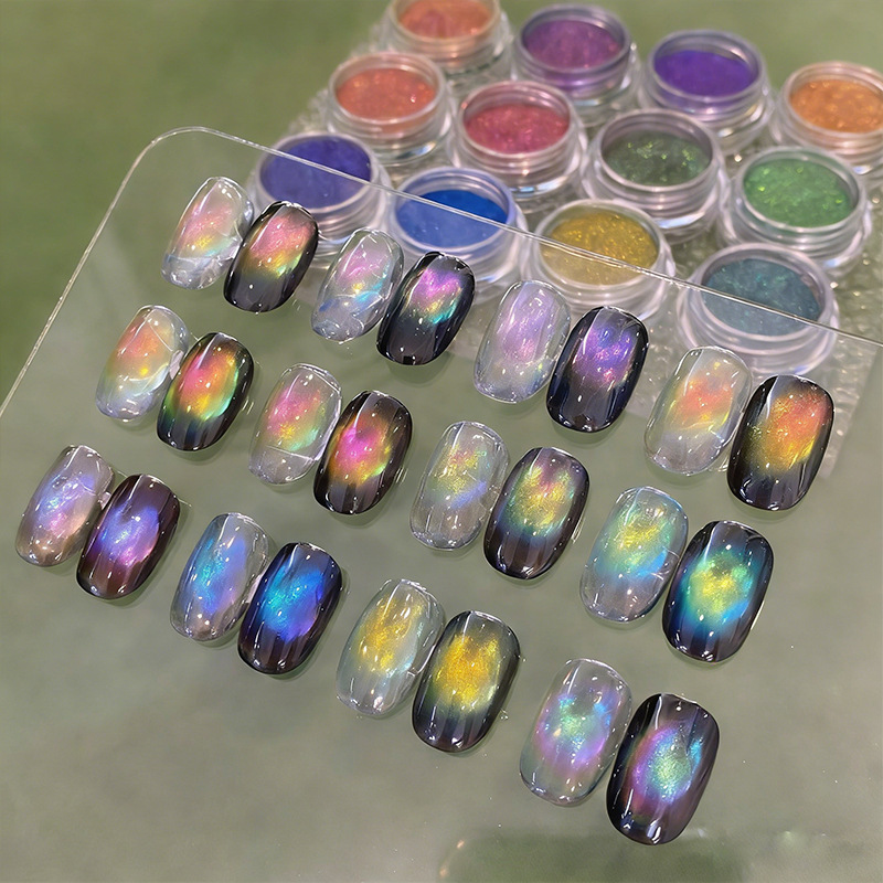 Rainbow-Colored Cat Eye Powder Magnetic Powder, Dazzling Dopamine Rainbow Nail Art Glitter Powder, Iridescent Magnetic Powder Nail Decorations