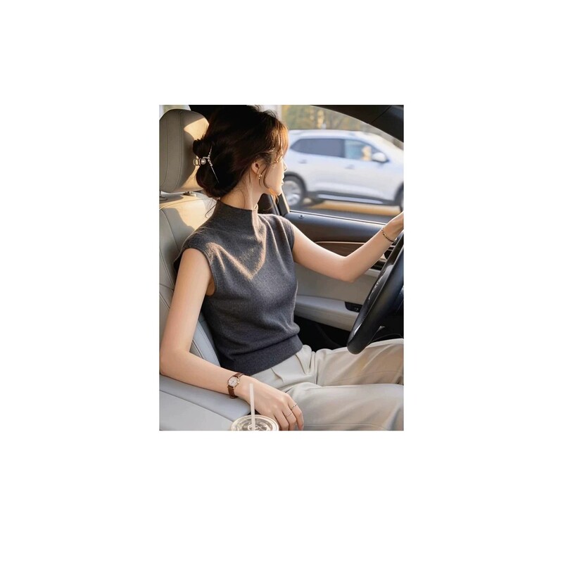 Half-High Collar Knitted Sleeveless Vest for Women, New Autumn Style, Slim Fit, Elegant, Solid Color, Inner Layer, Stand-Up Collar, Base Top