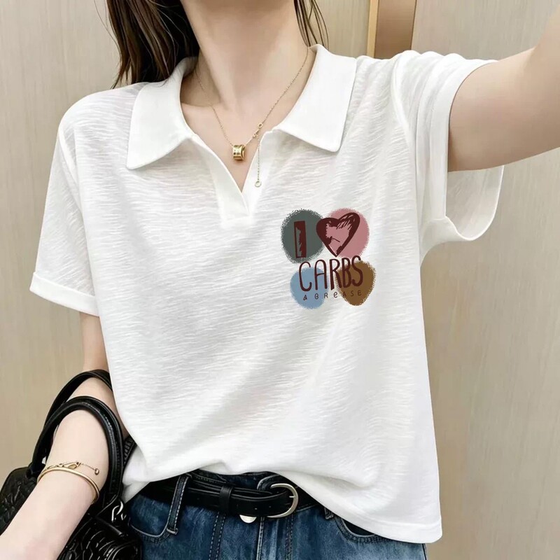 White Ice Silk Bamboo Cotton Polo Shirt Short-Sleeved T-Shirt for Women, Summer Thin Style, Stylish and Fashionable, Very Attractive Collared Top