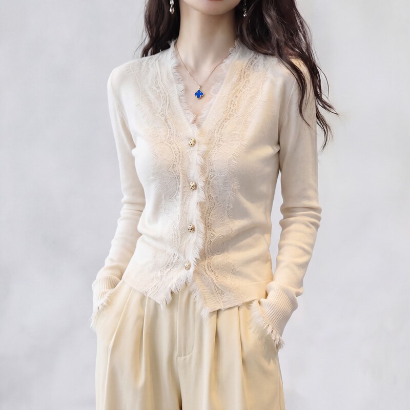 French Lace V-Neck White Long-Sleeved Knitwear for Women, New Autumn and Winter Fur Inner Layer, Fashionable Bottoming Shirt Top