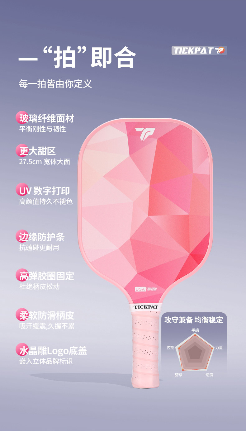 匹克球拍 tickpat匹克球拍板玻璃纤维初学者碳纤维pickleball儿童专业全套