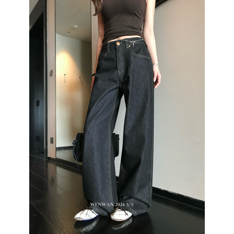 Wenwan【Unparalleled Style!】Clearly Tailored Classic Supermodel Denim Loose-Fitting Versatile Straight-Leg Jeans