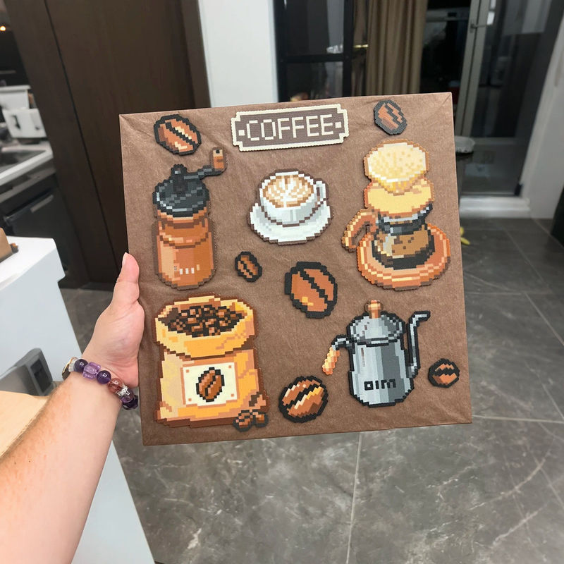 Pixel Art Coffee-Themed Niche Art Decorative Painting, Vintage Kraft Paper, Creative Wall Art for Cafes and Dining Rooms