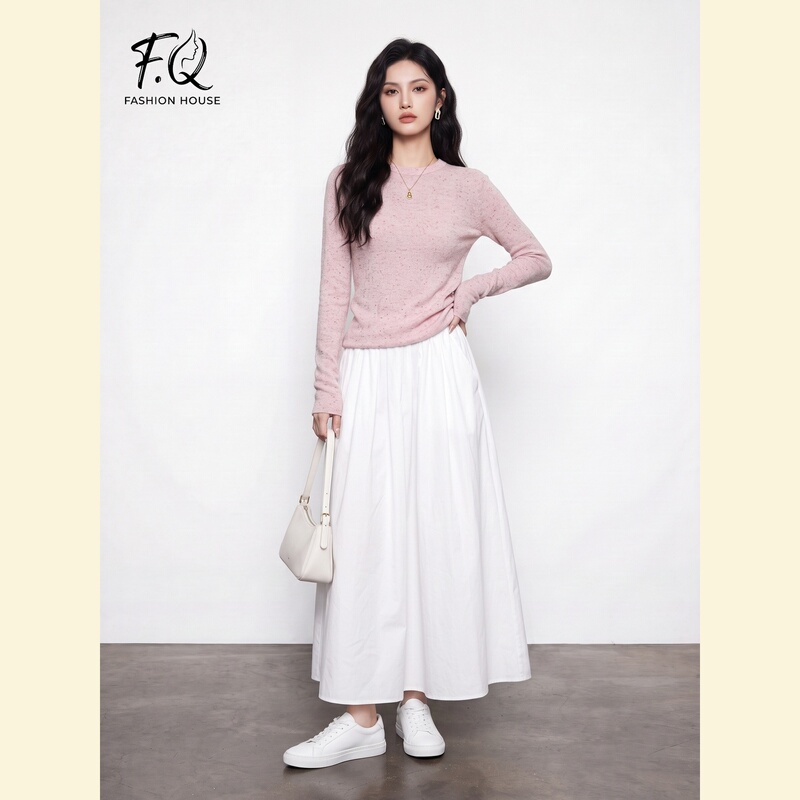 Fqfuqi Early Autumn Beautiful and Stylish Round-Neck Knitted Pink Top and High-Waisted White Skirt Two-Piece Set for Women Fqfuqi Early Autumn Beautiful and Stylish Round-Neck Knitted Pink Top and High-Waisted White Skirt Two-Piece Set for Women