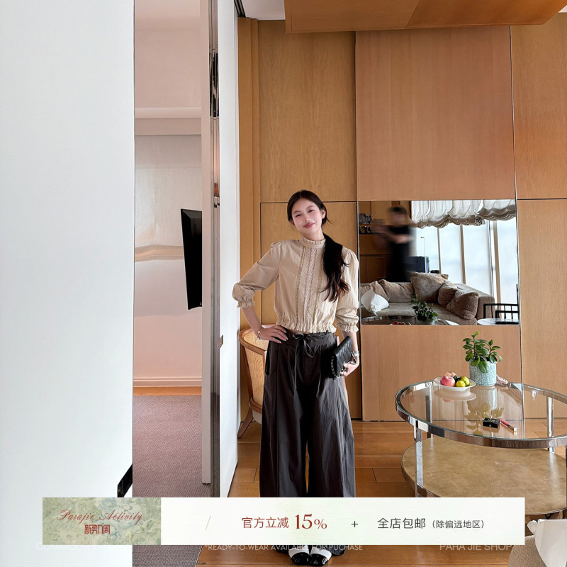 For Jie Shijie, the "Relaxed Edge" Pure Cotton Airy Low-Waist Pleated Drawstring Casual Wide-Leg Pants for Women For Jie Shijie, the "Relaxed Edge" Pure Cotton Airy Low-Waist Pleated Drawstring Casual Wide-Leg Pants for Women