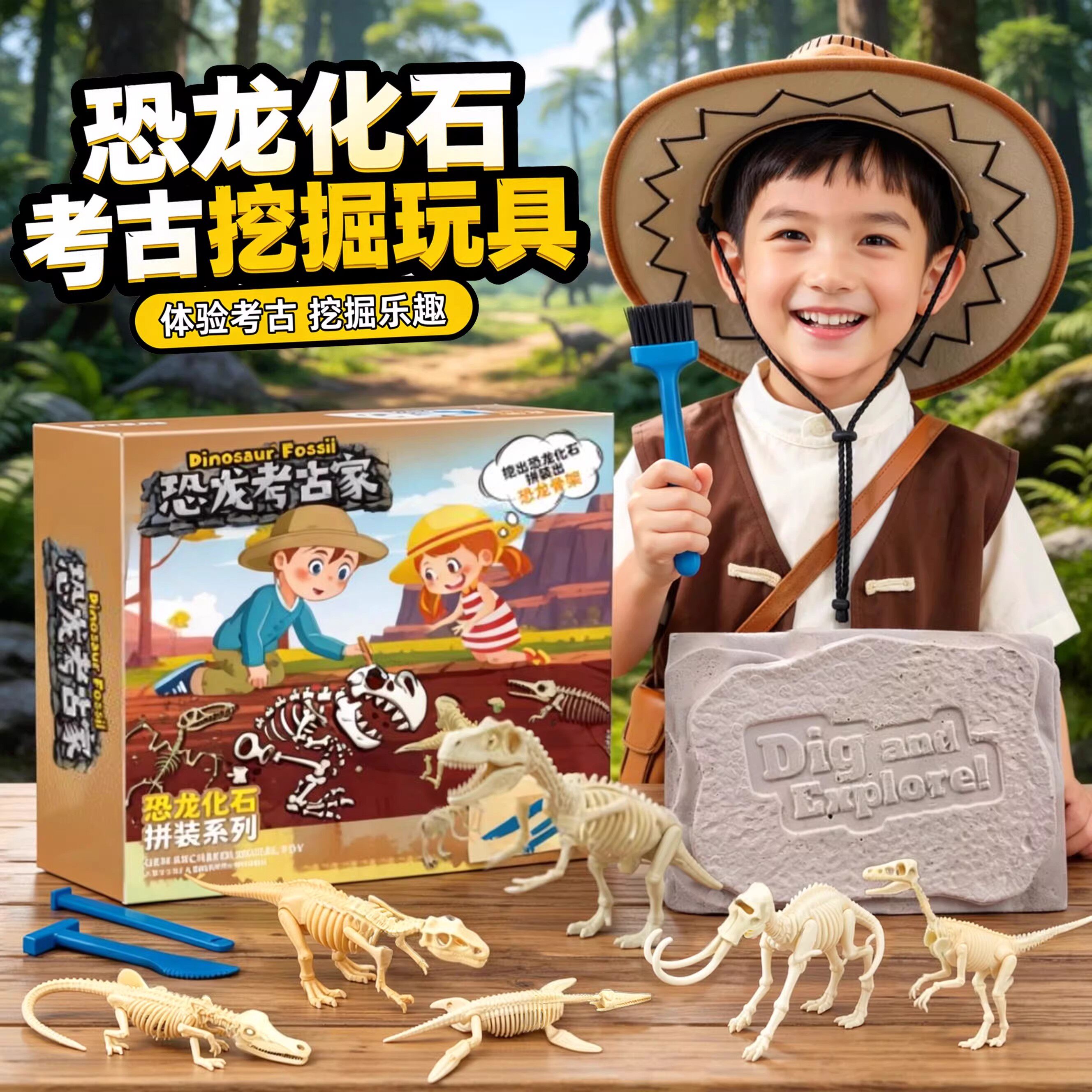 恐龙化石考古挖掘玩具：激发孩子探索欲💥 科学石膏挖掘拼架模型🎁-挖宝
