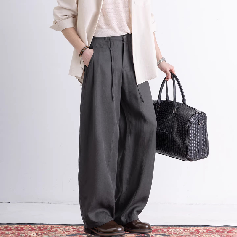Lyocell Tencel Linen Pants for Men, Summer Thin Straight-Leg Cotton-Linen Trousers with a Drapey, Relaxed, Old-Money Style, Wide-Leg Dress Pants