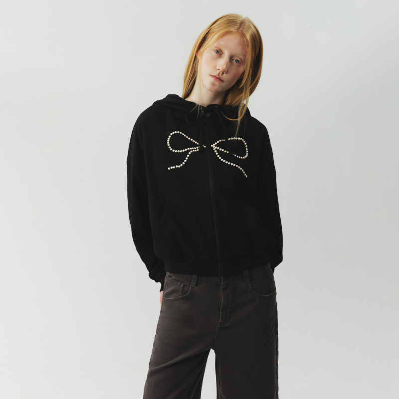 Gigilism Bow Pearl Rhinestone Drawstring Black Hoodie Rhinestone Bow Hoodie