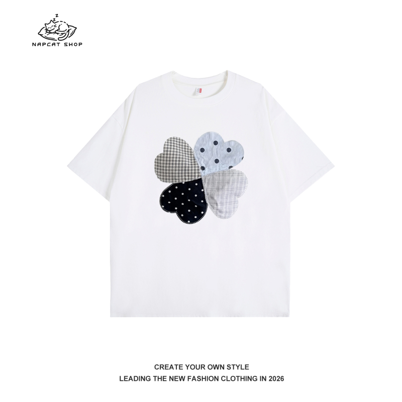 Nap Cat Retro Color-Blocking Design Heart Clover Print Short-Sleeve Women's 2026 Summer Casual Age-Reducing Top Nap Cat Retro Color-Blocking Design Heart Clover Print Short-Sleeve Women's 2026 Summer Casual Age-Reducing Top