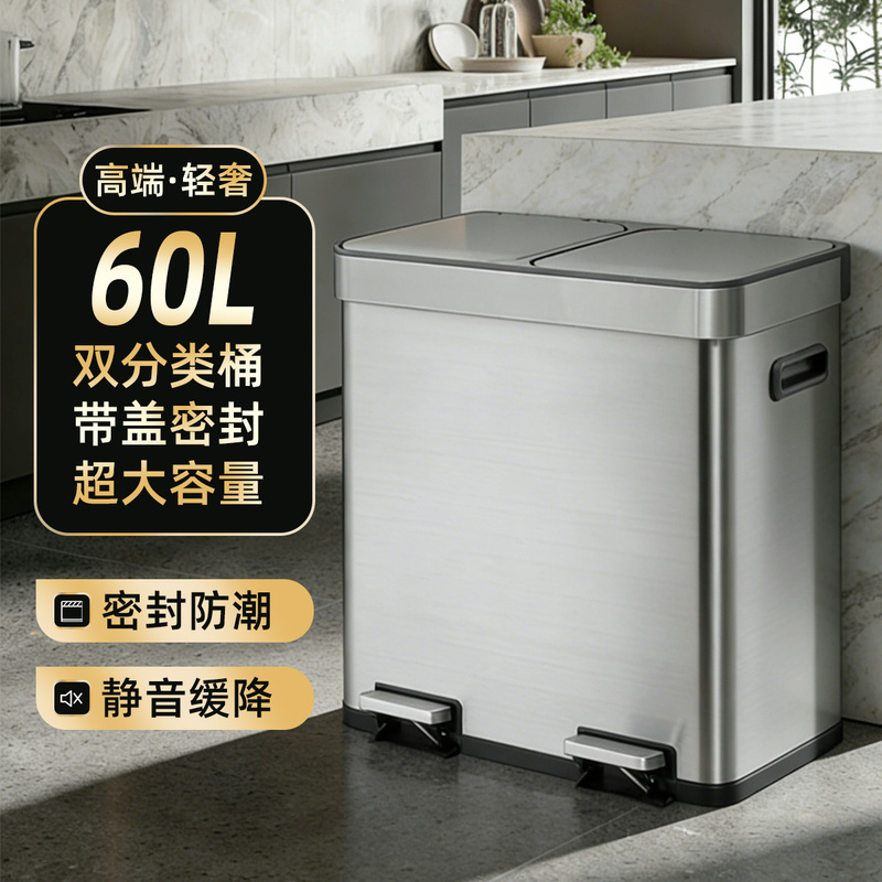 2026 New Model Household Kitchen Common Area Stainless Steel Trash Can Large Capacity Foot Pedal with Lid Dual Classification Trash Bin 2026 New Model Household Kitchen Common Area Stainless Steel Trash Can Large Capacity Foot Pedal with Lid Dual Classification Trash Bin