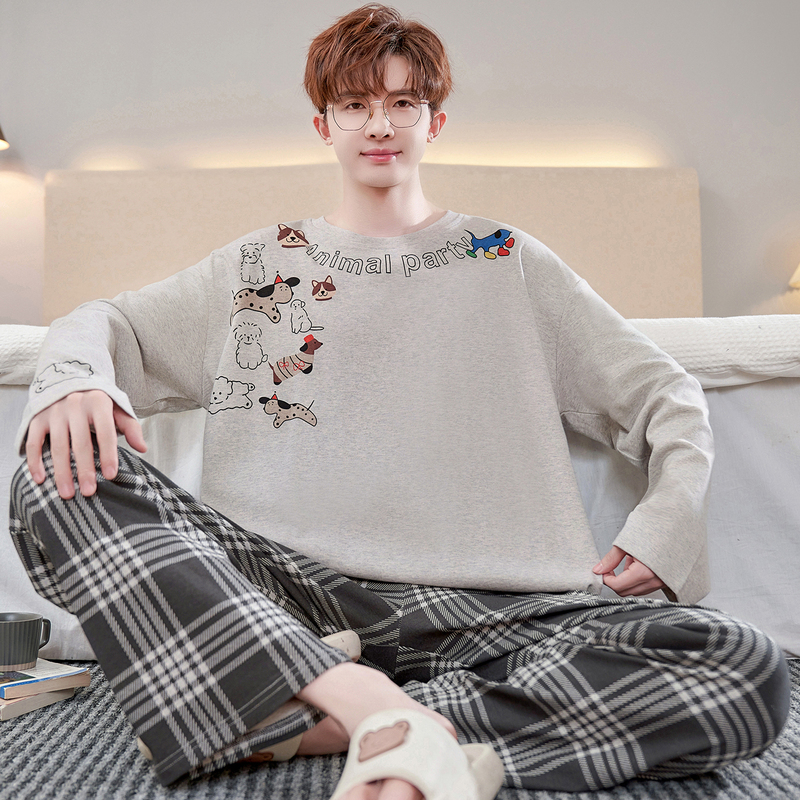 Men's Pajamas Autum Pure Cotton Long-Sleeved Cartoon Teenagers Large Size Cotton Student Spring and Autum Thin Home Wear Set