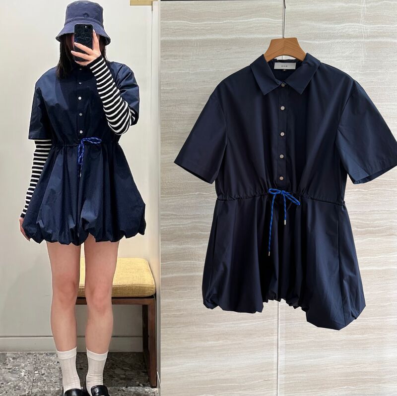Mj Is from France Yuan. Shirt Collar Short-Sleeved Flower Bud Dress