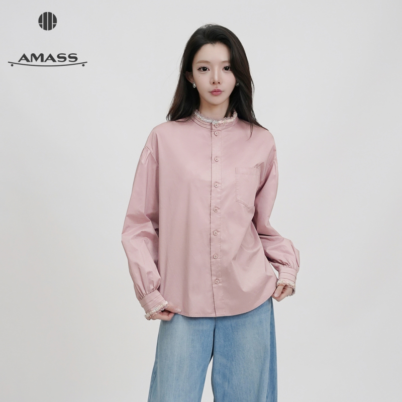 Amass/Autumn New Cotton Solid Color Top with Lace Trim and Patchwork Long-Sleeve Shirt for Women 530115 Amass/Autumn New Cotton Solid Color Top with Lace Trim and Patchwork Long-Sleeve Shirt for Women 530115