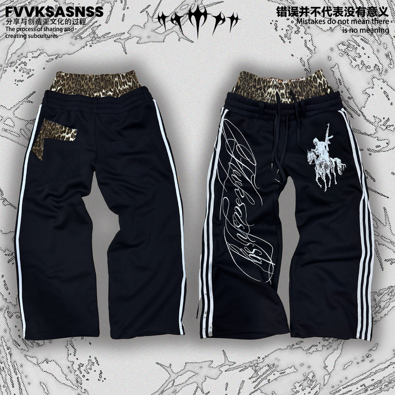 Fvvksasnss Heartbreak in the Countryside Fantasy 450g Heavyweight A-Line Leopard Print Double Waist Black Sweatpants Wide Leg Pants Fvvksasnss Heartbreak in the Countryside Fantasy 450g Heavyweight A-Line Leopard Print Double Waist Black Sweatpants Wide Leg Pants