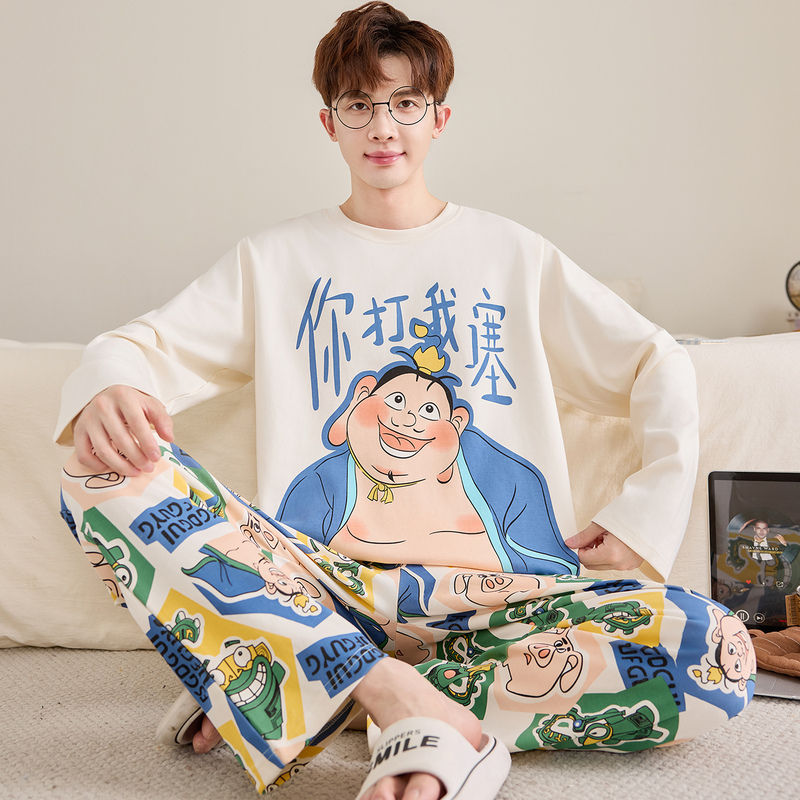 Men's Pajamas Autum Pure Cotton Long-Sleeved Cartoon Loose-Fitting Teen Student Large Size Cotton Thin Home Wear Set Men's Pajamas Autum Pure Cotton Long-Sleeved Cartoon Loose-Fitting Teen Student Large Size Cotton Thin Home Wear Set