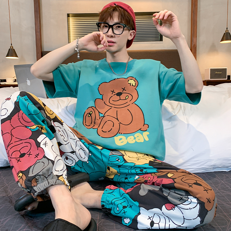 Men's Pajamas Summer Pure Cotton Short-Sleeved Pants Cartoon Print Teenagers Thin Loose Student Home Wear Set