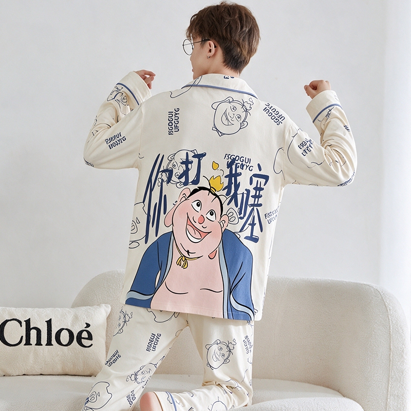 2026 New Pure Cotton Pajamas for Men, Autumn Long-Sleeved Cardigan with Lapel, Cartoon Design, Suitable for Teenagers, Can Be Worn Outside, Home Wear Set 2026 New Pure Cotton Pajamas for Men, Autumn Long-Sleeved Cardigan with Lapel, Cartoon Design, Suitable for Teenagers, Can Be Worn Outside, Home Wear Set